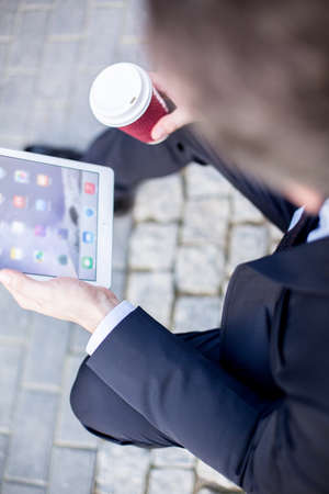 View from the top of man with new tablet
