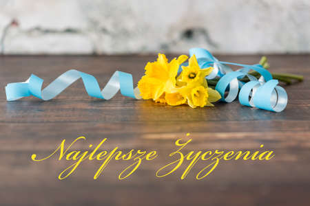 Shot of a bunch of daffodils tied up with blue ribbon and a writing 'Najlepsze Zyczenia'の写真素材