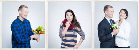 Two photos of young man and woman before first date. Third photo with loving happy marriage