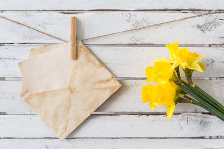 Card in yellowed envelope and bouquet of yellow daffodils, white rustical planks in the backgroundの写真素材