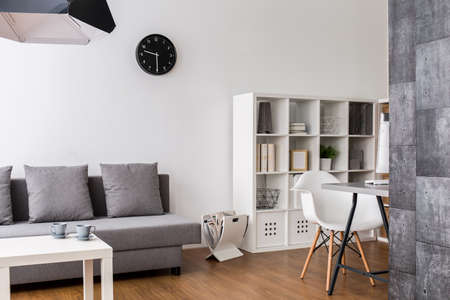 Modern,minimalist living room with resting space, racks and desk cornerの写真素材