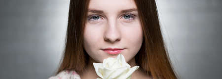 Young beautiful woman with a white rose, light background, panoramaの写真素材