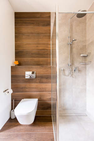 Shot of a modern bathroom with a toilet and a glass showerのeditorial素材