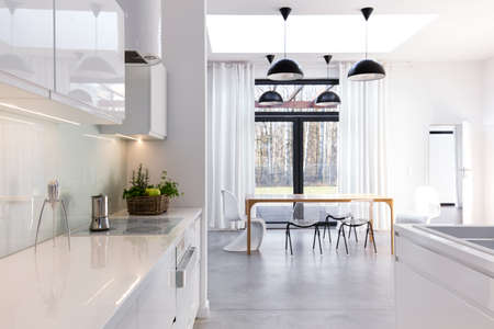 Open kitchen and dining room in modern apartment.