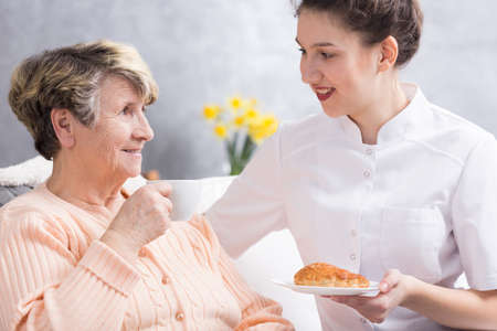 Senior lady and young carer feeding her, sitting in light interiorの写真素材