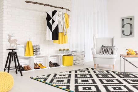 Light and spacious room with pattern black and white details