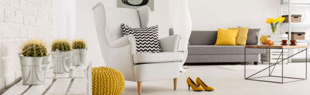 Shot of a modern living room with an armchair placed in the middleの写真素材