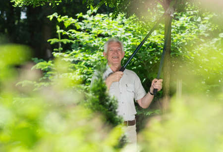 Older man felling the tree branches in a garden with smile