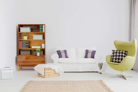 Very bright and clear living room with modernist bookcase and a comfy sofa