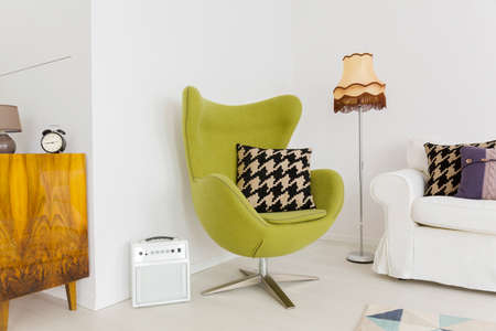 Lounge corner of a modern apartment with a cosy swivel egg chairの写真素材