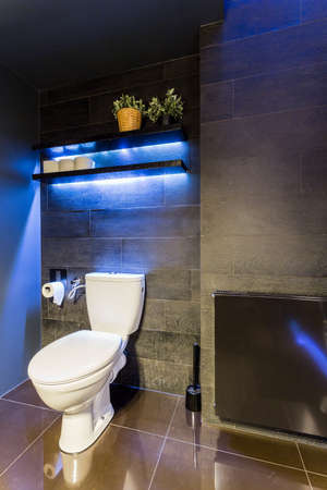 Black bathroom interior with wood effect wall tiles, toilet and blue led lightingの写真素材