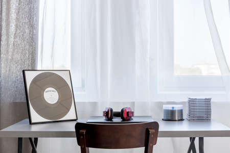 Closeup shot of a stylish living room with minimalistic workspace