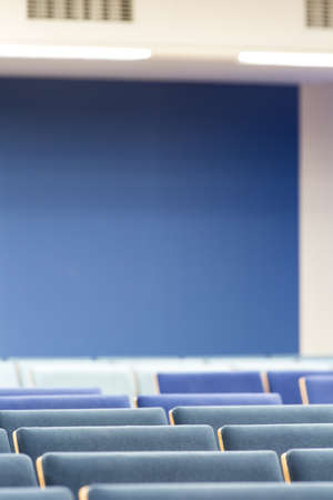View of the lecture hall decorated in blue colors
