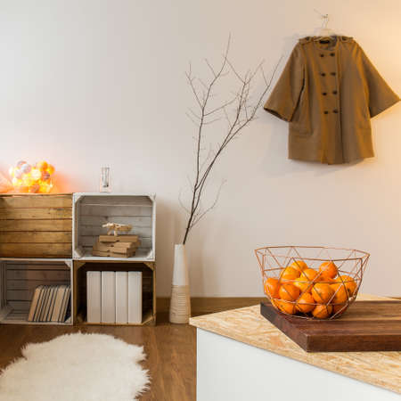 Contemporary decor of living room with wooden parquet and sheepskin. Unique shelves of natural hardwoodの写真素材