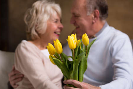Close-up of a bunch of yellow tulips and an affectionate elderly couple in the blurred backgroundの写真素材