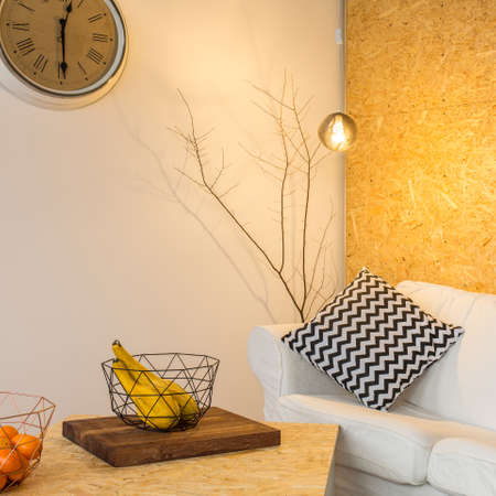 Warm living room with white, linen sofa and chipboard wallの写真素材