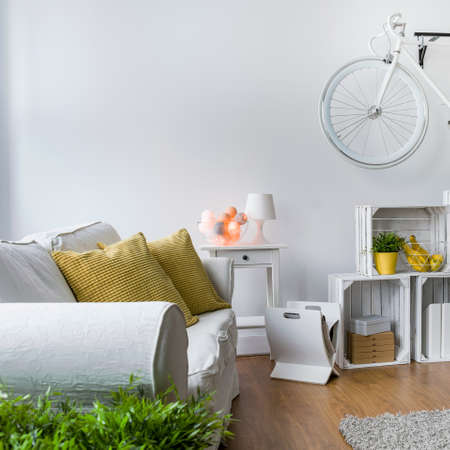 Light interior with sofa, handmade furniture and bike hanging on wallの写真素材