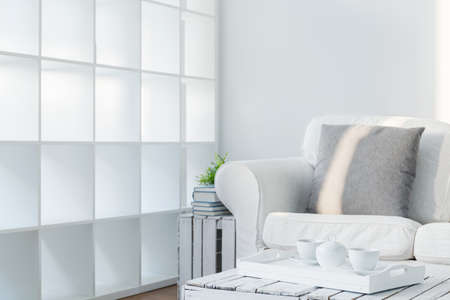 Cozy and bright space with a white couch and coffee table