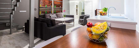 Contemporary little studio flat arrangement with upper levelの写真素材