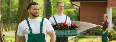Shot of a team of young gardeners working in a gardenの写真素材