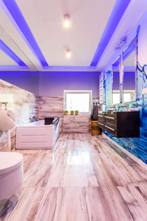 Spacious villa bathroom with marble tiling, toilet, bidet, bathtub, two basins and two mirrorsの写真素材