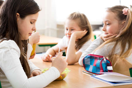 Girls eating the breakfast at a desk, during the school breakの写真素材