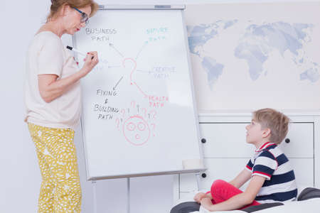 Young boy concentrated on listening the woman explaining the grammar