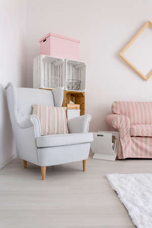 Comfortable armchair and sofa standing in light living roomの写真素材