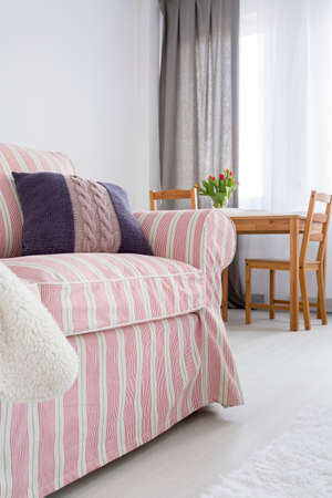Upholstered pattern sofa, in the background wooden table and chairsの写真素材