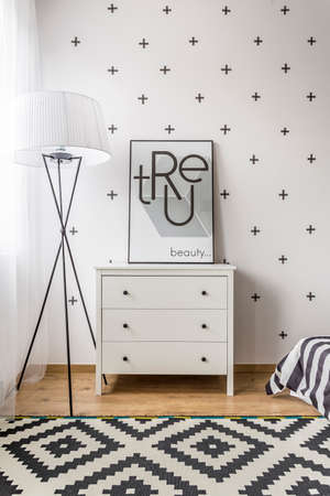 Light room with white commode, floor lamp and pattern carpetの写真素材