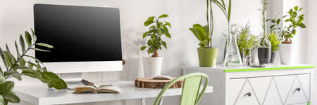 View of desk with computer screen in the surrounding of plantsの写真素材