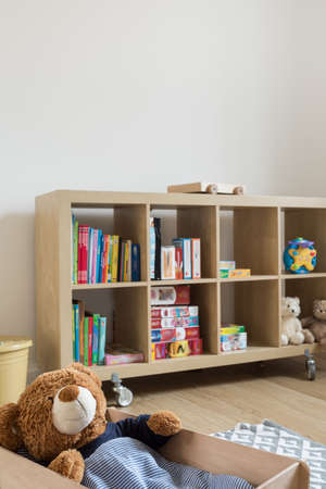 Child room with bookstand full of books and toysの写真素材