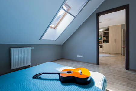 Bedroom interior in shades of blueness with big bed with a guitar, with a roof light and entry to the other roomの写真素材