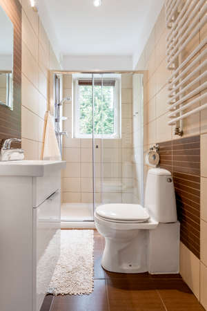 Small bathroom interior in brown with window, toilet, shower and basinの写真素材