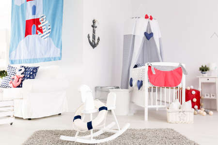 Stylish and happy baby room in marine styleの写真素材