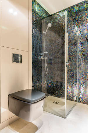 Stylish bathroom interior with toilet and floor showerの写真素材