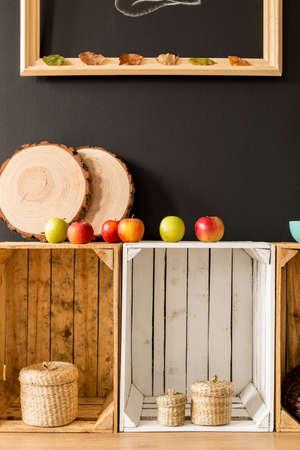 Shelves made from wooden pallets standing on a black backgroundの写真素材