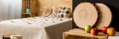Natural wood and wooden decoration in autumn bedroomの写真素材