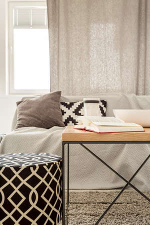 Living room with pattern pouf, sofa and  tableの写真素材