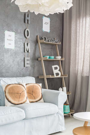 Grey room with comfortable sofa and simple wall regale