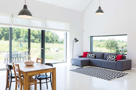 Scandynavian style living room with high ceiling, stripped carpet and garden viewの写真素材