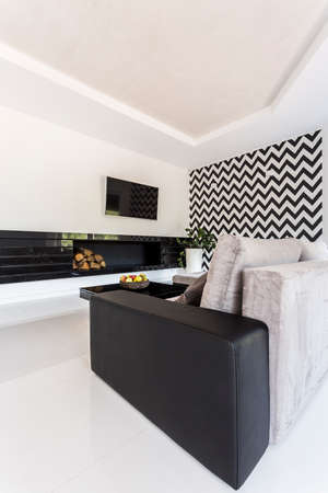 Spacious and snowy-white living room with a couch and elegant black detailsの写真素材