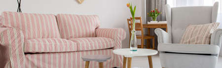 Home interior with sofa, armchair and small tableの写真素材