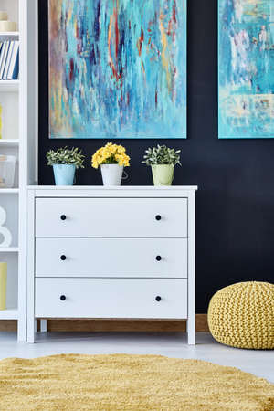 White chest of drawers in modern living room decorated with paintingsの写真素材