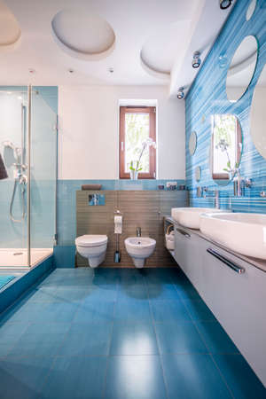 Spacious and modernly designed bathroom in blueの写真素材