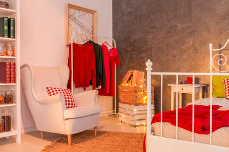 Functional light room with clothes rack, armchair, bed and bookcaseの写真素材