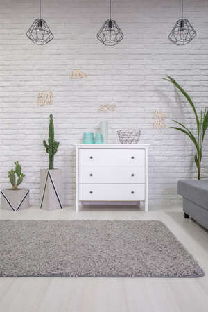 Home interior with white dresser and grey rug