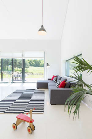 White living room with window wall, sofa, pattern carpet
