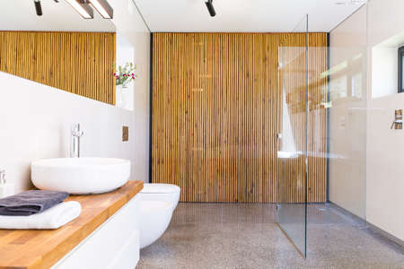 Light and spacious bathroom with walk in shower, mirror, wooden worktop with basin and wood wall dividerの写真素材