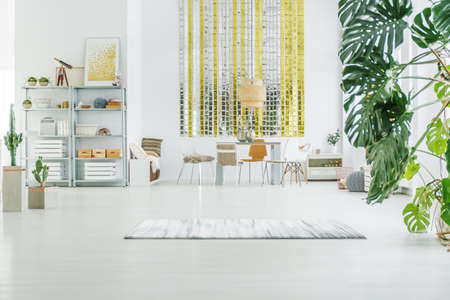 White apartment with metal bookcase, table, chairs and rug
